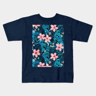 Moody Tropical Pattern in Cyan and Sapphire with Pink Kids T-Shirt